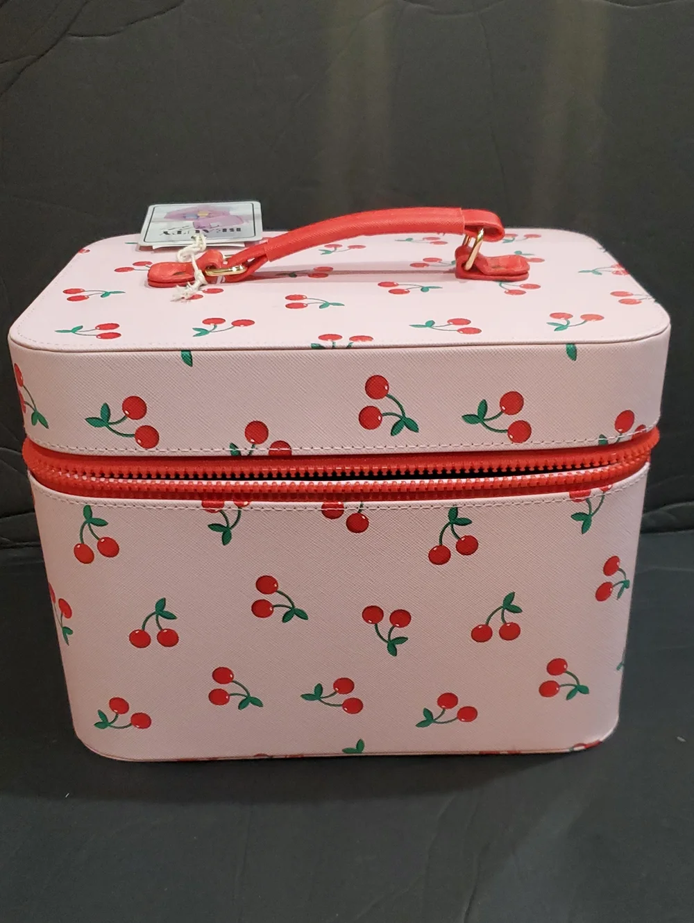 Cherry print pink makeup cosmetics large hard train case with cherry zip pull